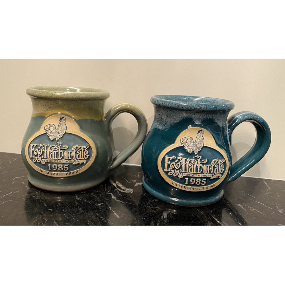 1985 Egg Harbor Cafe Green Coffee Mugs Lincolnshire IL 2008 Deneen Drip Glaze